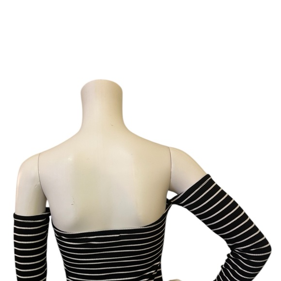 Women’s Black & White Striped Off The Shoulder Shirt - Picture 2 of 5